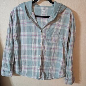 Wonder Nation Teal and Pink Plaid Shirt with Hood